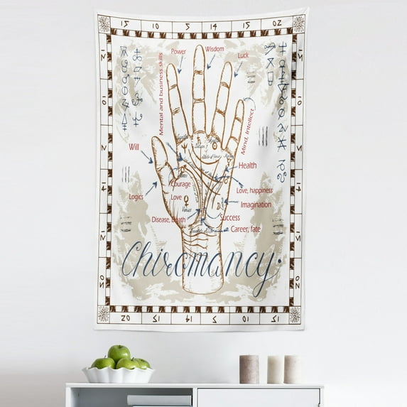 Beige Tapestry, Vintage Chiromancy Chart with an Human Hand Palm Mystic Science of Universe Image Print, Fabric Wall Hanging Decor for Bedroom Living Room Dorm, 5 Sizes, Beige, by Ambesonne