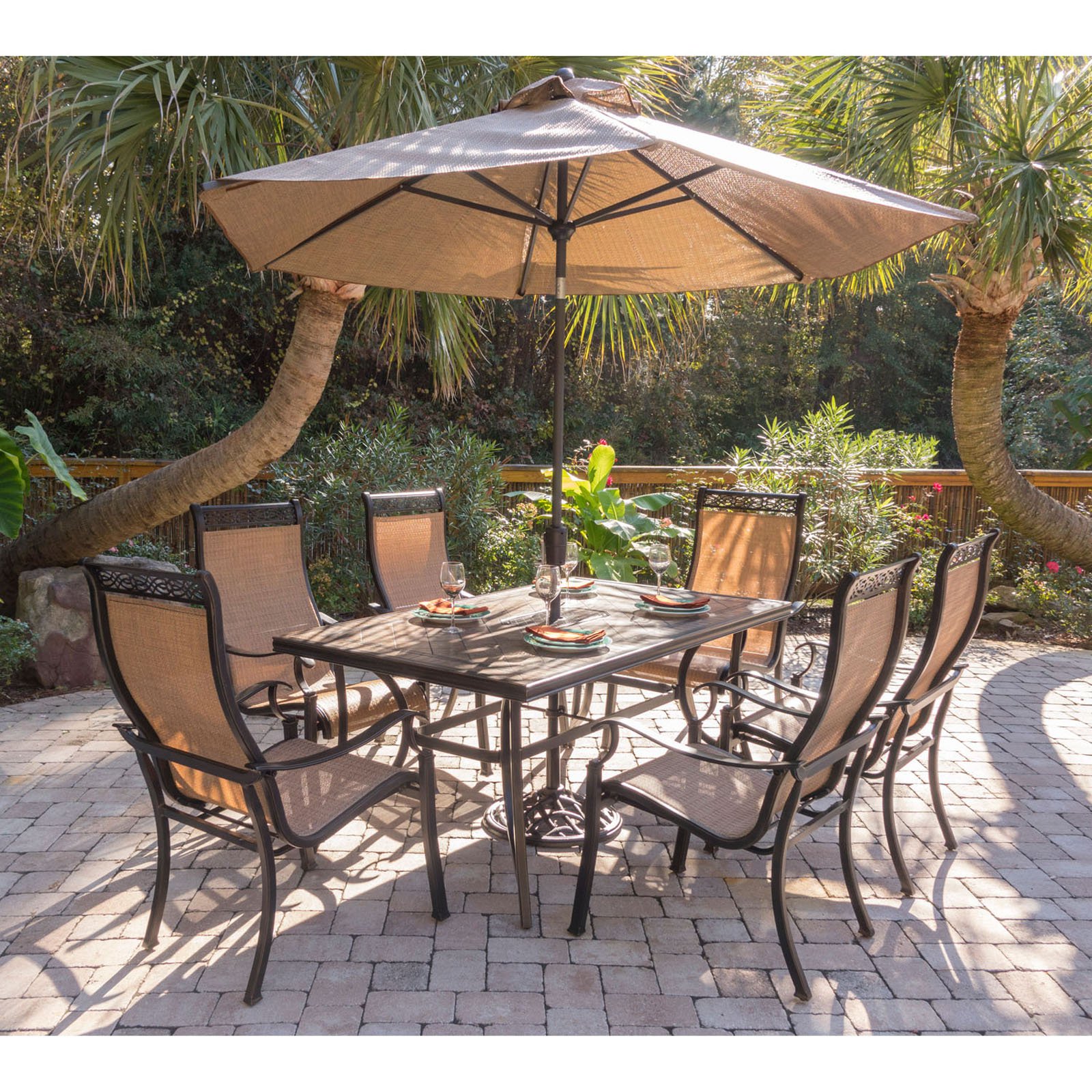Hanover Outdoor Monaco 7-Piece Tile-Top Dining Set with Sling Chairs and Umbrella with Stand, Cedar - image 4 of 12