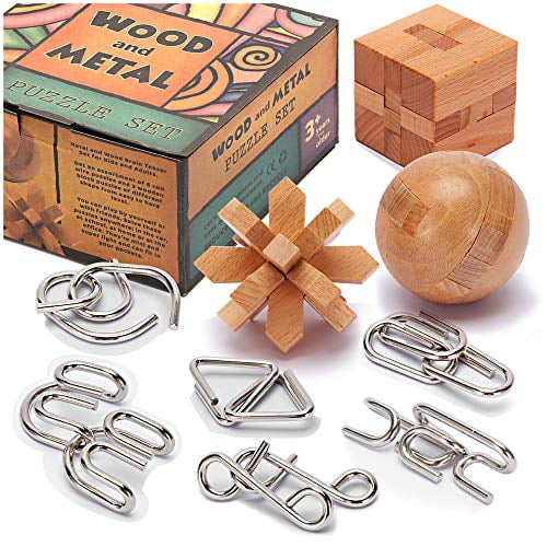 Brain Teasers Metal and Wooden Puzzles for Kids and Adults 9 Pack, Mind, IQ, and Logic Test and