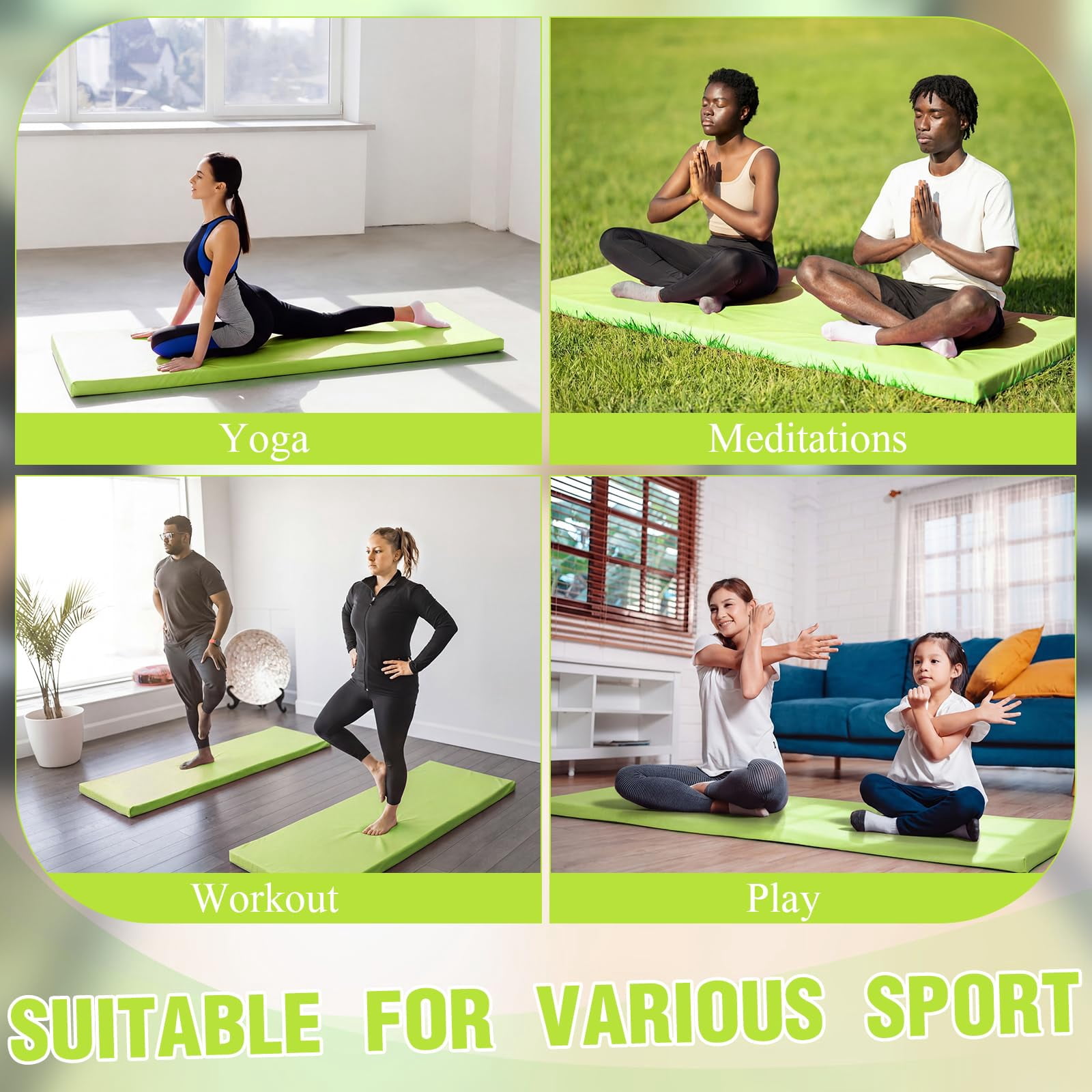 Fresh Green Foldable Yoga Mat 72"x24" 2 Inch Thick with Carry Strap for Pilates Stretching
