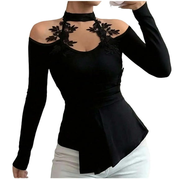 Craaazy Womens Shirts Hollowed Out Off Shoulder Decal Pleated Curved Hem Slim Versatile Top Gifts For Women