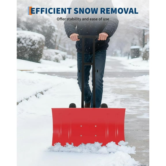 COZONY Heavy Duty Snow Shovel with Wheels, 29" W x 16" H Metal Blade, Angle & Height Adjustable Handle, Wheeled Snow Pusher for Driveway, Sidewalk, Yard, Red shovel plate   black pole   red rim