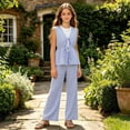 thumbnail image 6 of Girls Summer Outfits Striped Sleeveless Tie Front Peplum Top & Casual Wide Leg Pants 2 Piece Cute Matching Clothes Set Blue 11-12 Years, 6 of 9