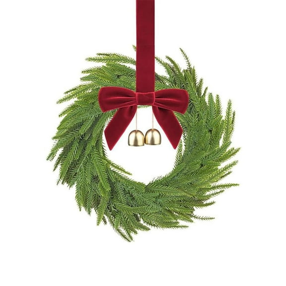 Norfolk Pine Wreath with Bow and Bell,11.8inch Christmas Wreaths for Front Door,Artificial Real Touch Wreaths,Realistic Pine Needles Wreath for Wall Window Mantle Christmas Decoration