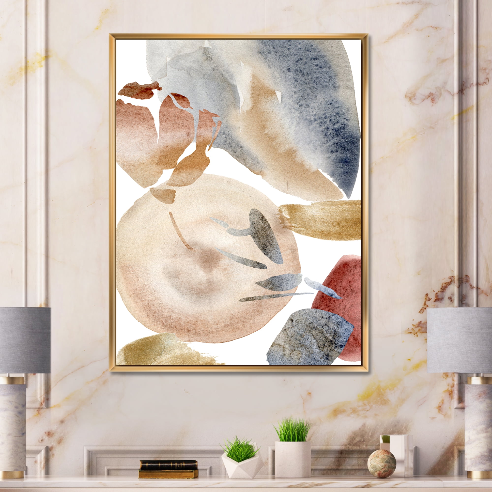 Designart 'Abstract With Red Pink Gold and Beige Spots Pastel' Modern Framed Canvas Wall Art Print