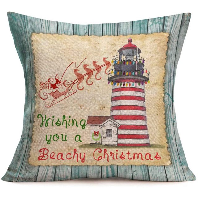 Funda de almohada con deseos de faro náutico navideño, funda de cojín de madera vintage con caballito de mar y Papá Noel, funda de almohada de lino para decoración del hogar, 18" x 18"