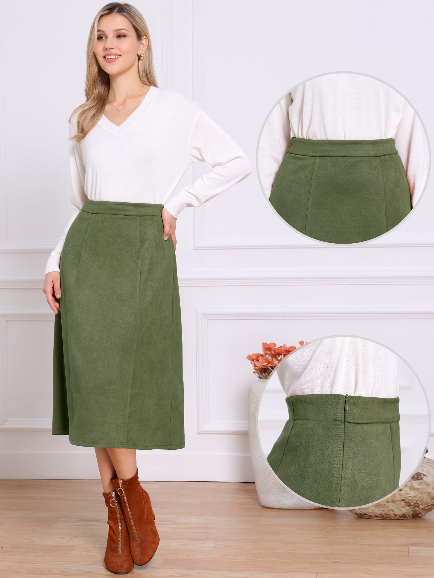 DARING DIVA Women's Casual A Line Faux Suede Midi Skirts Large Dark Green