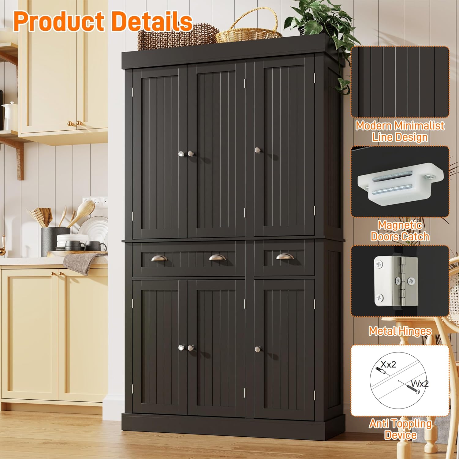 ChVans 71" Tall Kitchen Pantry with 6 Doors, Storage Cabinet with 2 Large Drawer 6 Hanging Shelves, Freestanding Cupboard for Dining Room Living Room