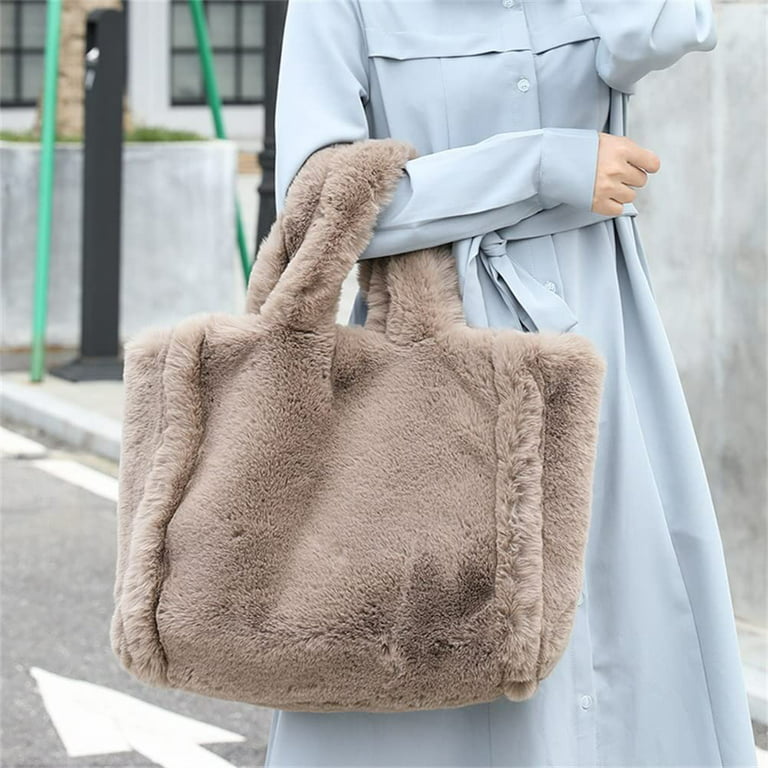 Pikadingnis Tote Bag Women Cozy Fuffy Faux Fur Plush Fashionable Shoulder Bag Quilted Casual Soft Stachel Bag Handbag, Adult Unisex, Size: One size