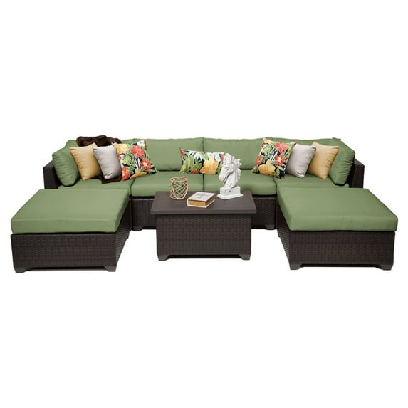 TK Classics Belle Wicker 7 Piece Patio Conversation Set with Ottoman and 2 Sets of Cushion Covers