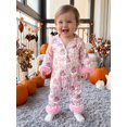 thumbnail image 5 of Cjfdfy Newborn Baby Girl Halloween Satin Pajamas Romper Pumpkin Bow Printed Long Sleeve Furry Trim Jumpsuit Cute Halloween Holiday Fall Winter Sleepwear 0-24 Months, 5 of 9