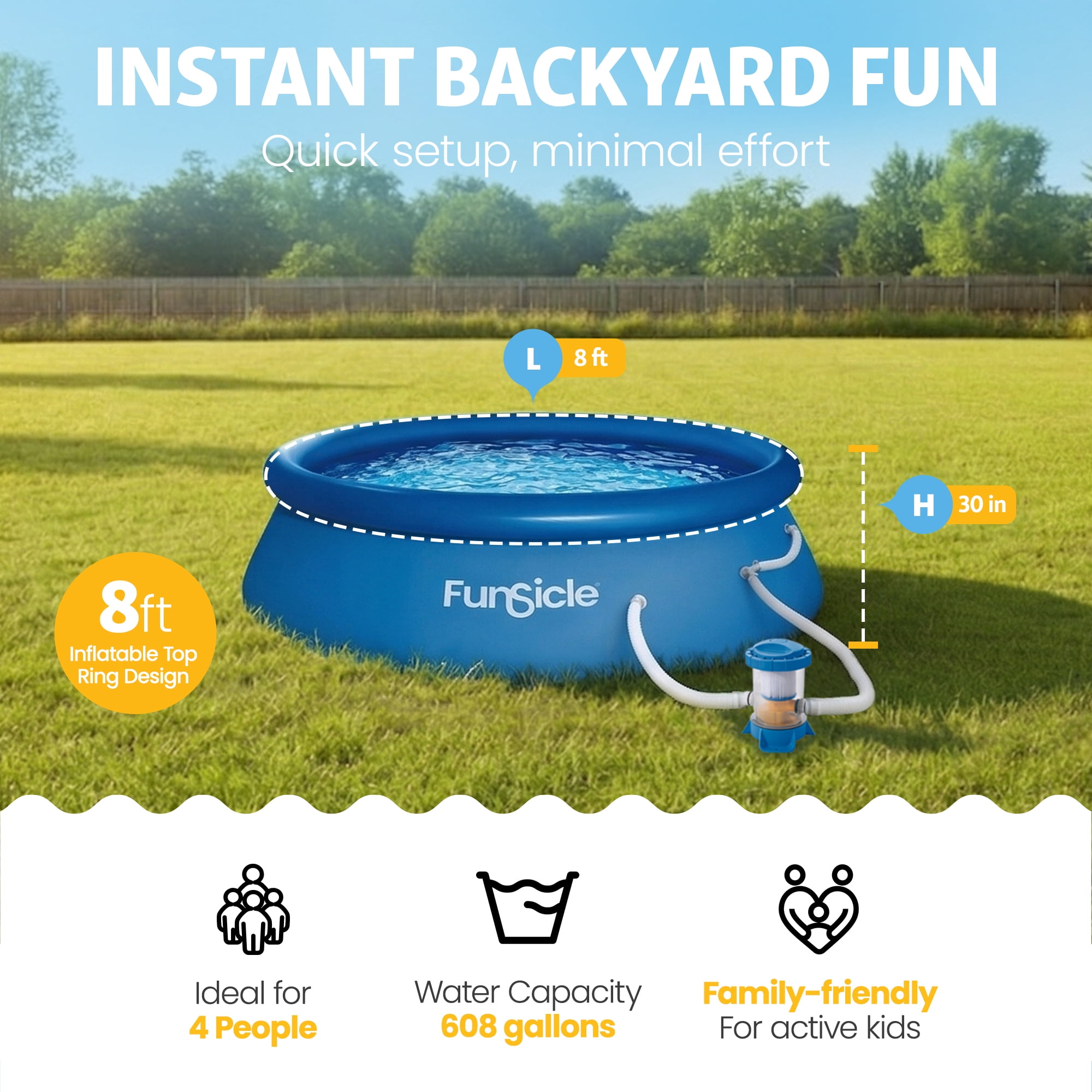 Funsicle QuickSet 8' x 30" Round Inflatable Top Ring Above Ground Swimming Pool Set