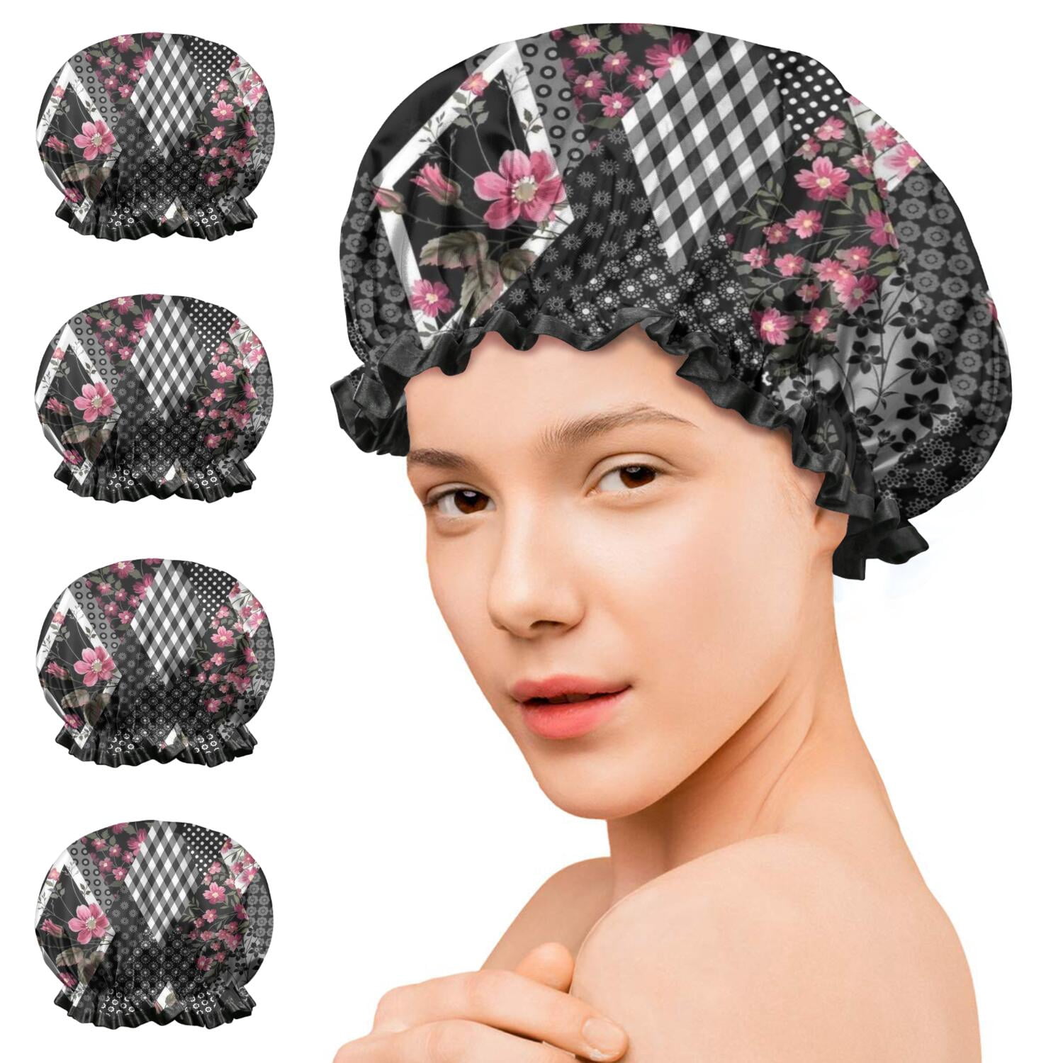 Shower Caps,Pioneer Flower Floral Print Pattern Waterproof Shower Cap for Women 4 Pieces,Double Reusable Hair Cover for Shower PEVA Elastic Stretch Hem