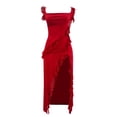 thumbnail image 5 of Vestido largo sin mangas sexy con abertura alta y volantes para mujer, color liso, poliéster y spandex, XS-L-XL, 5 of 5