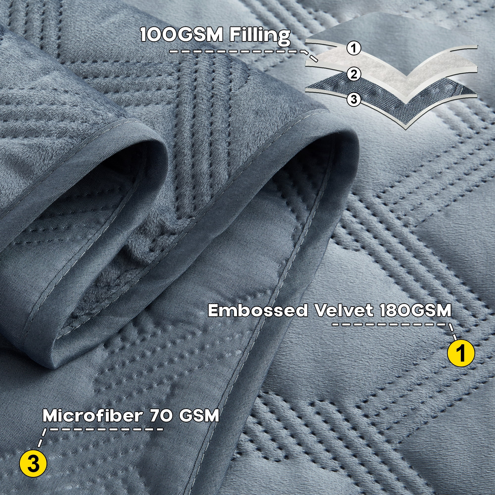 Ameha Velvet Bedspread King Size 3 Piece Set Bluish Grey Geometric Quilt Ultra Soft Lightweight Reversible Washable Bedding 350GSM