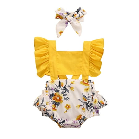 

nsendm Bodysuit Two Piece Romper Baby Infant Girls Flower Print Bodysuit Clothes Infant Baby Girl Winter Clothes Yellow 12-18 Months