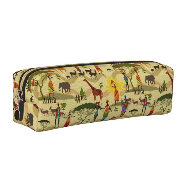 Fotbe Ethnic African Estuche para Lápices de Cuero con Estampado, Estuche con Cremallera Resistente, Organizador Compacto y Elegante para Papelería