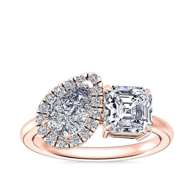 1.10 Carat Excellent Asscher & Pear Cut Real Diamond New Design Two Stone Ring for Wedding Solid 18K Rose Gold Size 11