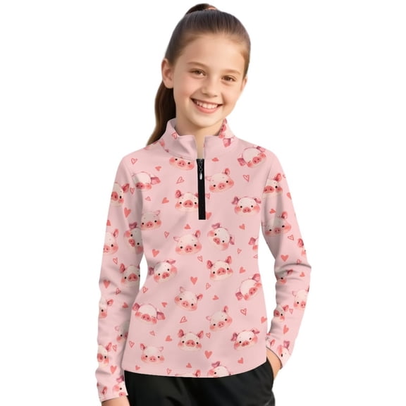 Psesaysky Girls Long Sleeve Shirts Pink Piglet Print Soft Fleece Jacket Fall Half Zip Pullover Kids Sweatshirts Athletic Thermal Coat for Golf Yoga 8-9 Years