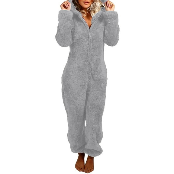 Rotm Womens Onesie Pajamas Womens Onesies Pajamas One Piece Hooded Adult Pajama Jumpsuit Winter Fuzzy Sleepwear Light Gray,2XL