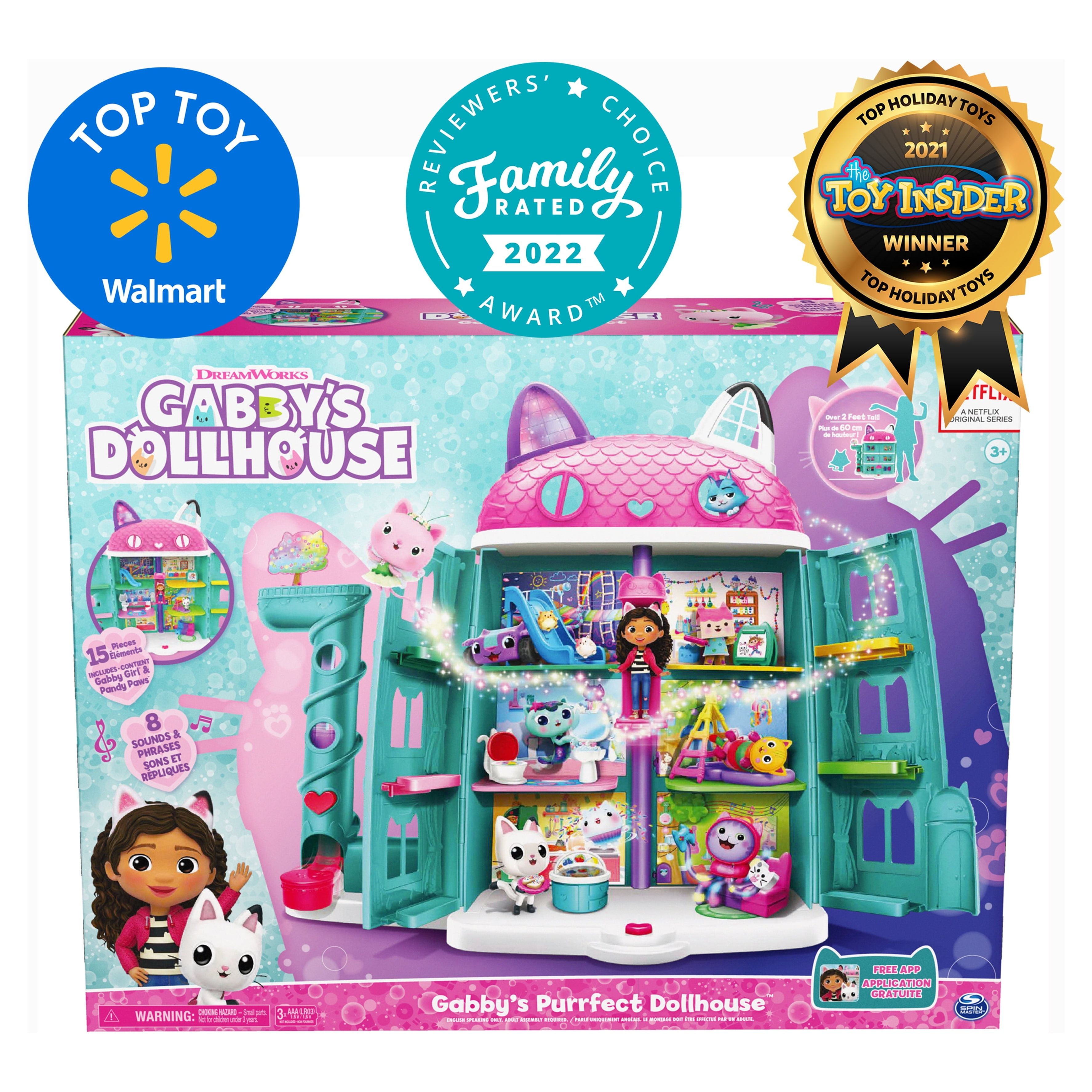 Gabby's Dollhouse, Purrfect - Casa de muñecas con 2 figuras de juguete, 8  muebles, 3 accesorios, 2 entregas y sonidos, juguetes para niños a partir  de