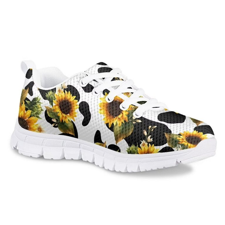 Pzuqiu Kids Tennis Shoes Sunflower Pattern Breathable Ultralight Running Shoes Black and White Cow Print Size 4 for Girls Boys