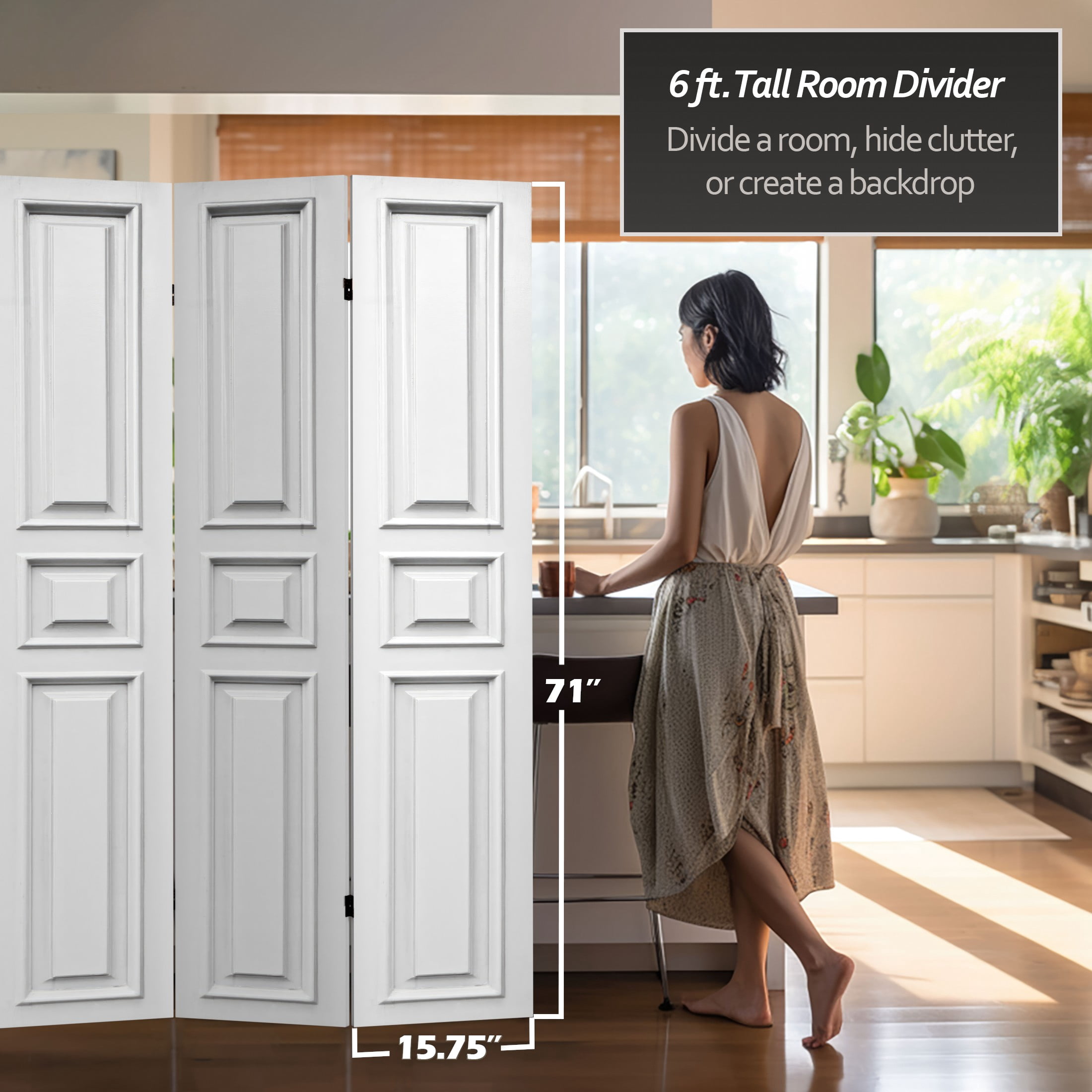 Oriental Furniture 6 ft. Tall White Door Panel Canvas Room Divider - 3 Panel