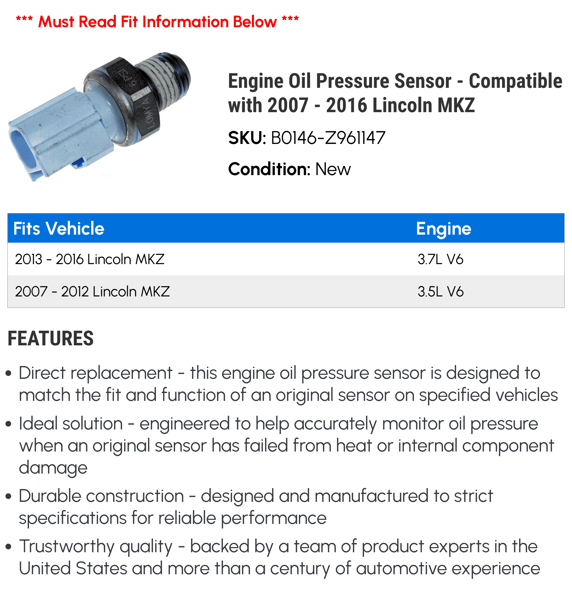 Engine Oil Pressure Sensor - Compatible with 2007 - 2016 Lincoln MKZ - Dorman
