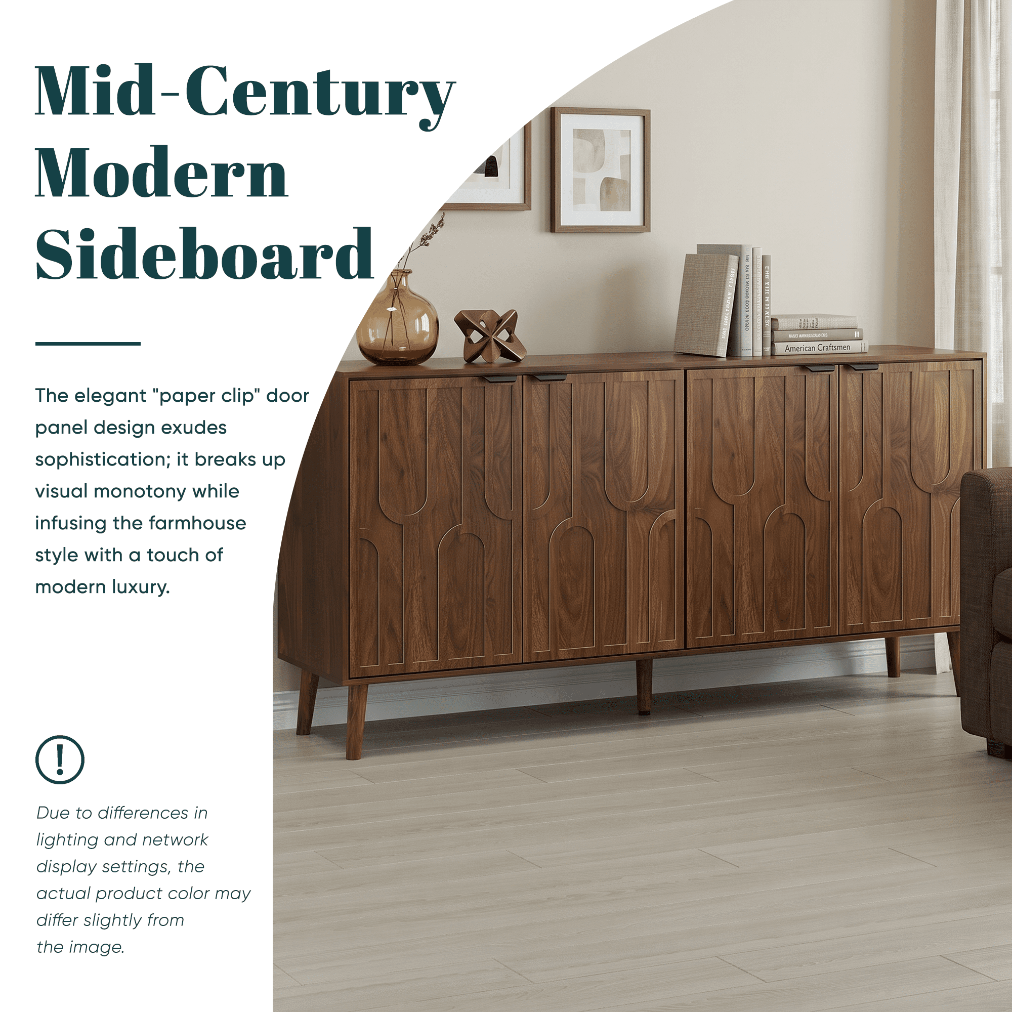 55-Inch Sideboard Serving Cabinet, Mid-Century Modern Style Wooden Entryway Cabinet, Four-Door Storage Unit With Metal Handles, Sturdy Solid Wood Legs