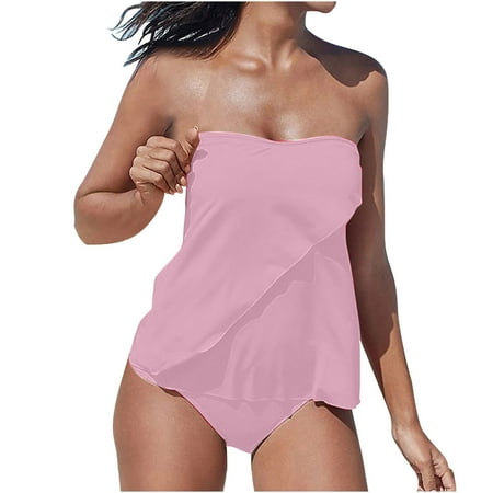 2 Piece Bandeau Tankini Swimsuits for Women Tummy Control Bathing Suits Loose Swim Top with Bikini Bottom Pink 2XL Clearance