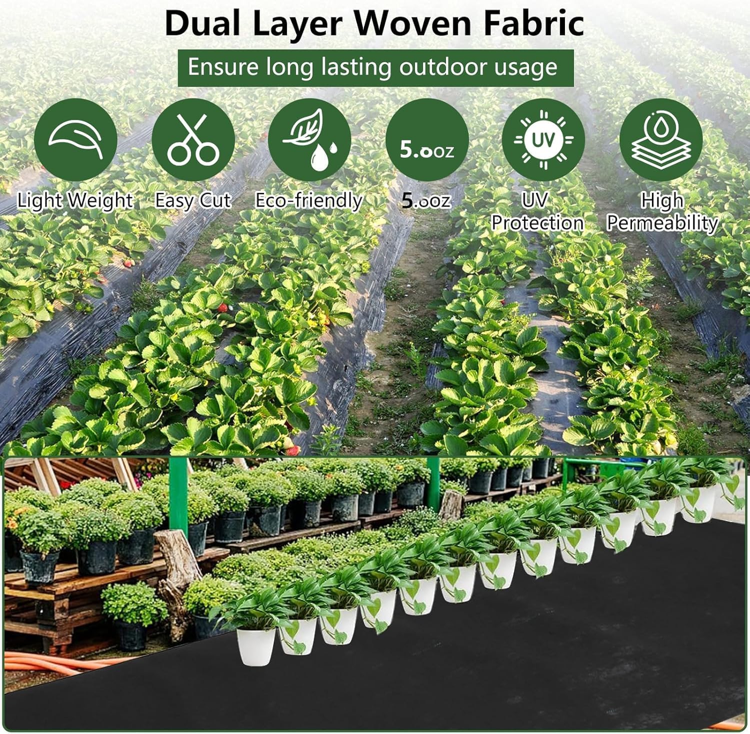 Yeshouse 5Oz Woven Landscape Fabric, 5 x 300FT, Double Layer Weed Barrier for Garden Beds & Landscaping