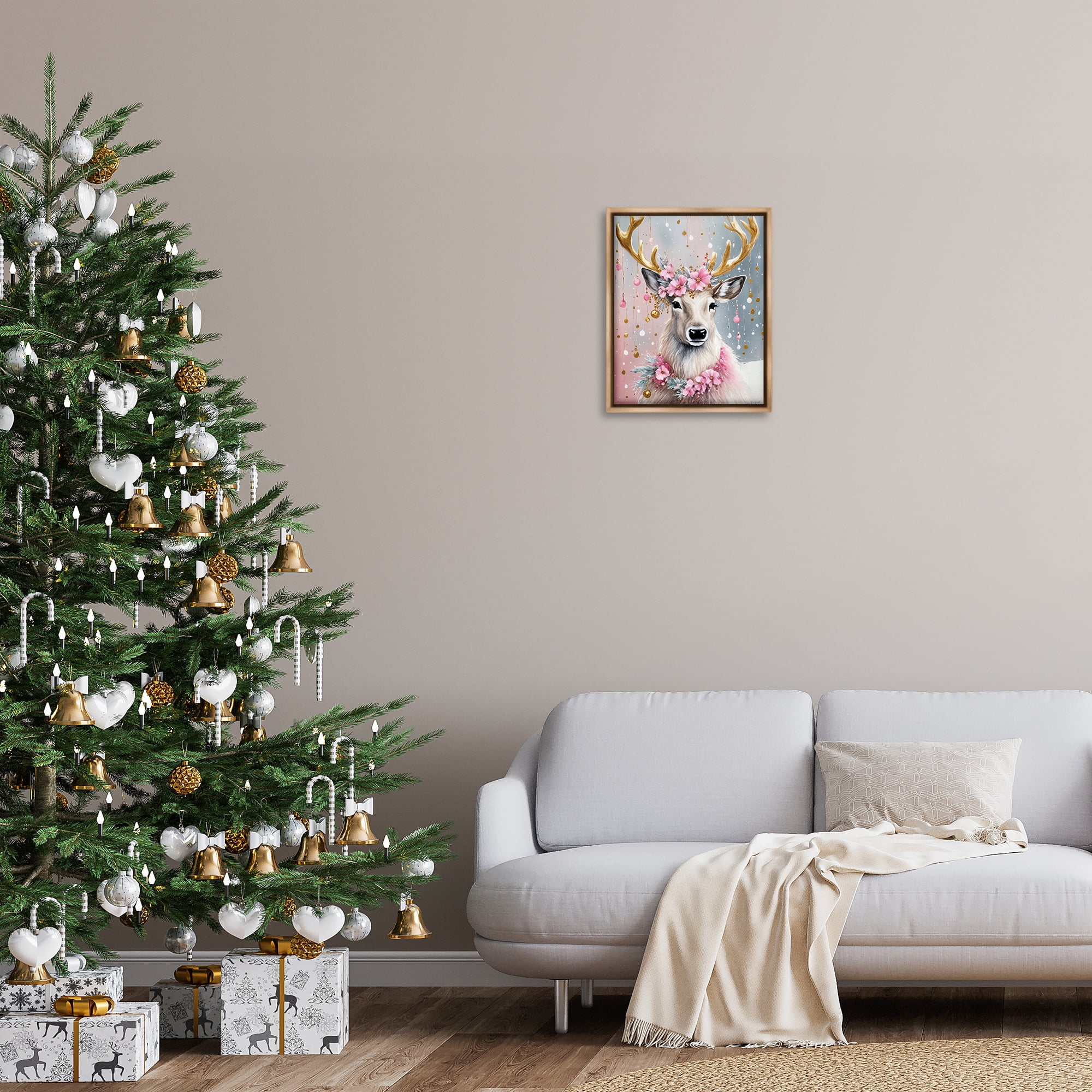 Stupell Industries Pink Floral Festive Reindeer Holiday Painting Brown Floater Framed Canvas Art Prints Wall Art, 17 x 21