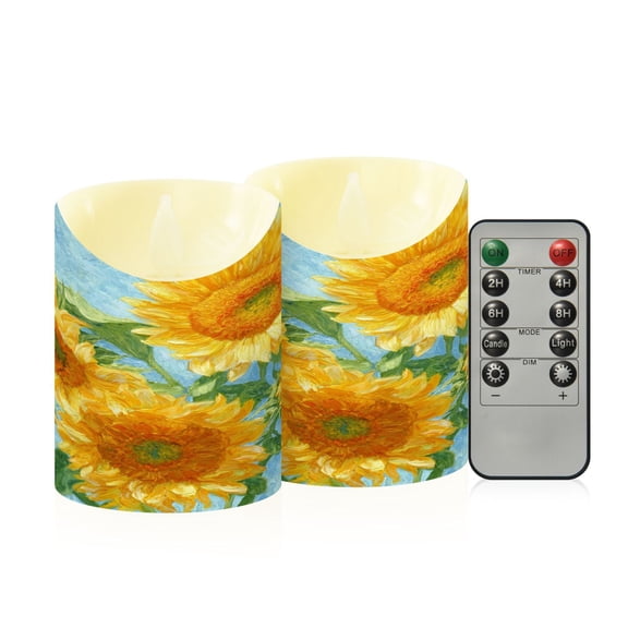 2 PCS Tilted Flameless Candles Flickering LED Lights Battery Operated Candles with Remote Timers for Holiday Decor Sunflower Oil Painting