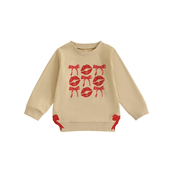 Kids Girl Boy  Valentines Day Outfit Bow Lips/Heart Letter Print Long Sleeve Sweatshirts Pullovers Tops Spring Clothes