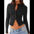 thumbnail image 1 of Blusas de Larga para Mujer, Cárdigan Ligero de Otoño, Camisetas para Salir, Blusas Acanaladas con Botones, Lindas y A Negro XL, 1 of 10