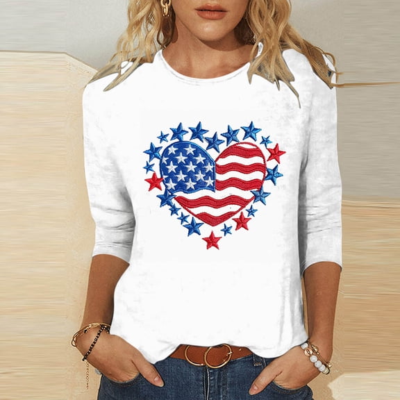 Cavosen 4th of July Shirts for Women 4th of July 3/4 Sleeve Crewneck Tops USA Star Striped Print T Shirts Lady XL Red White and Blue Casual Tops Patriotic Tunic Tees 2025 Patriotic Clothes