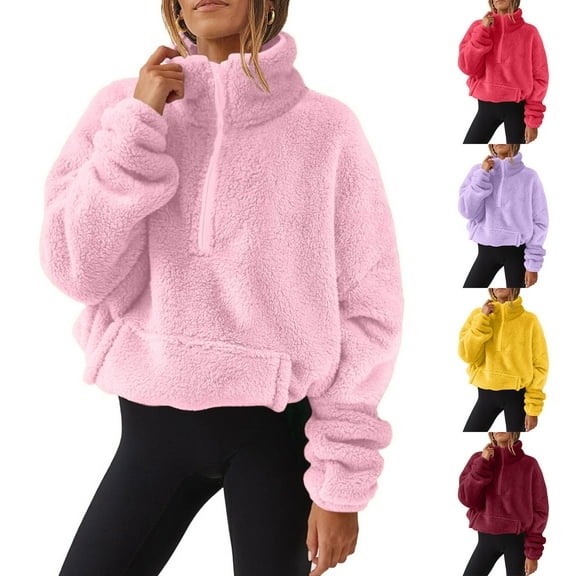 THDHVS Long Sleeve Shirts for Women Oversized Half Zip Fleece Sweatshirt with Long Sleeve andPockets Soft Pullover for Casual Comfortable Purple S