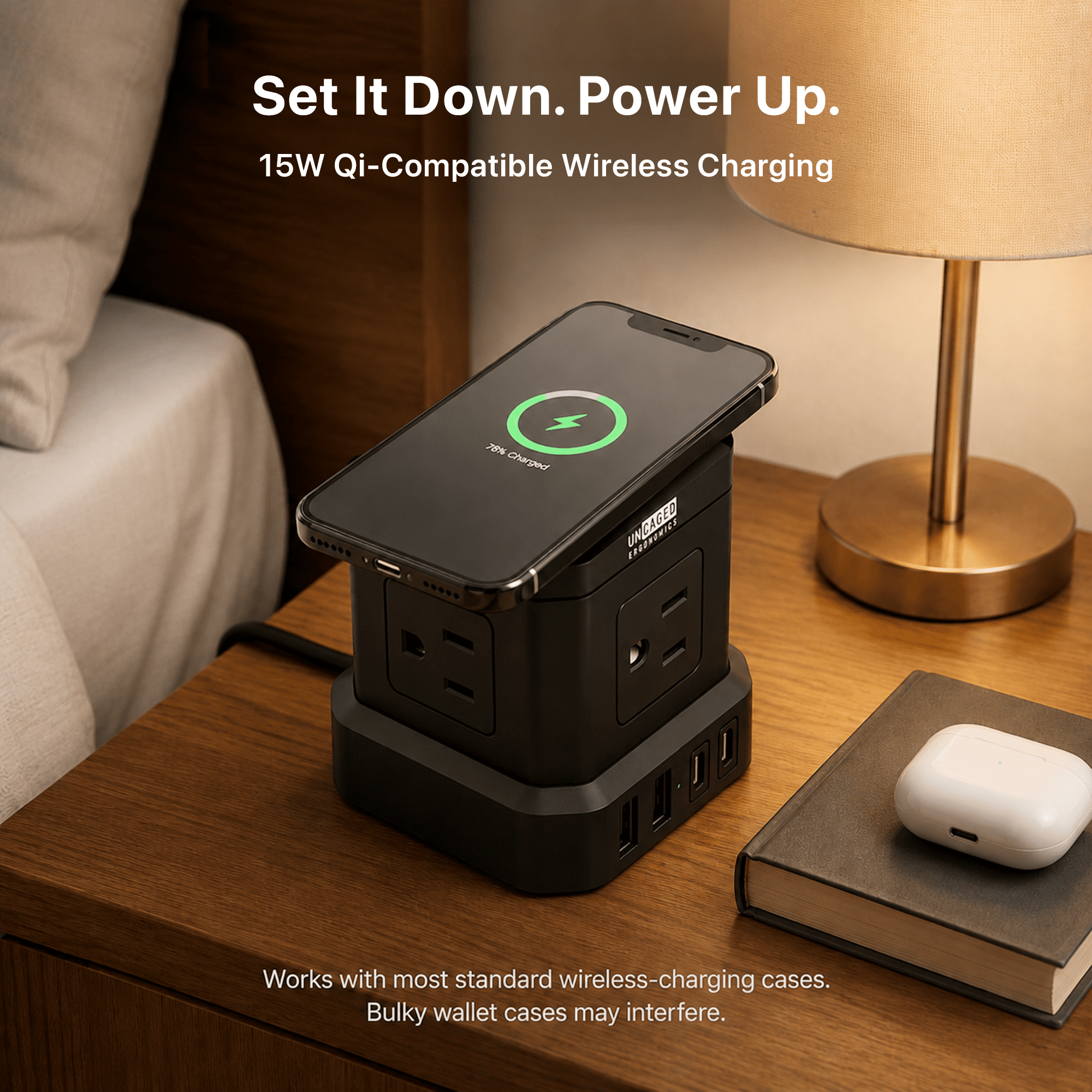 Wireless Cube Power Strip Surge Protector with 15W Qi Charger, 4 AC, 2 USB-C, 2 USB-A, 10 Ft Cord, Black