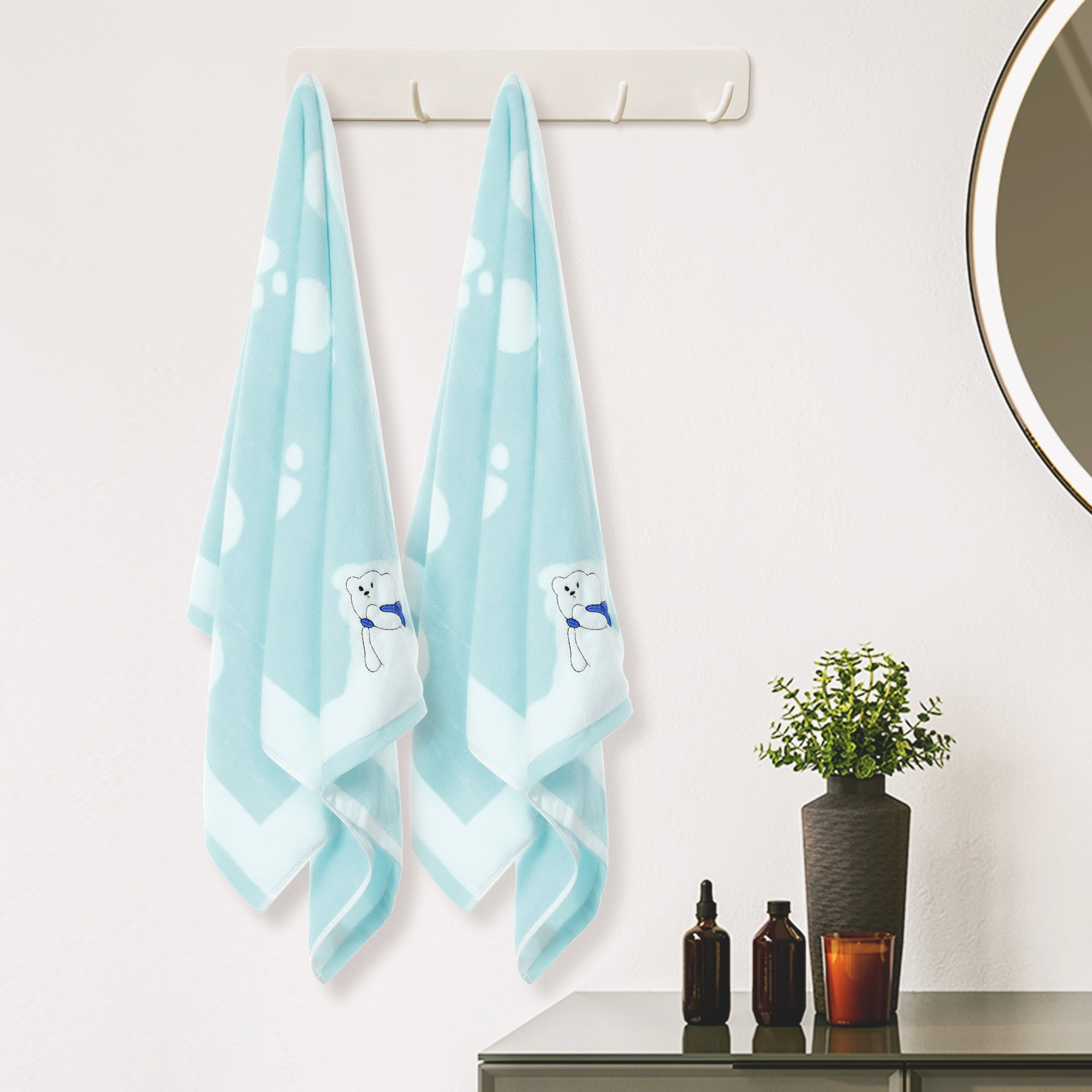 Unique Bargains 100% Cotton 2 Pack Solid Bath Towels Quick Dry and Absorbent Blue Bear