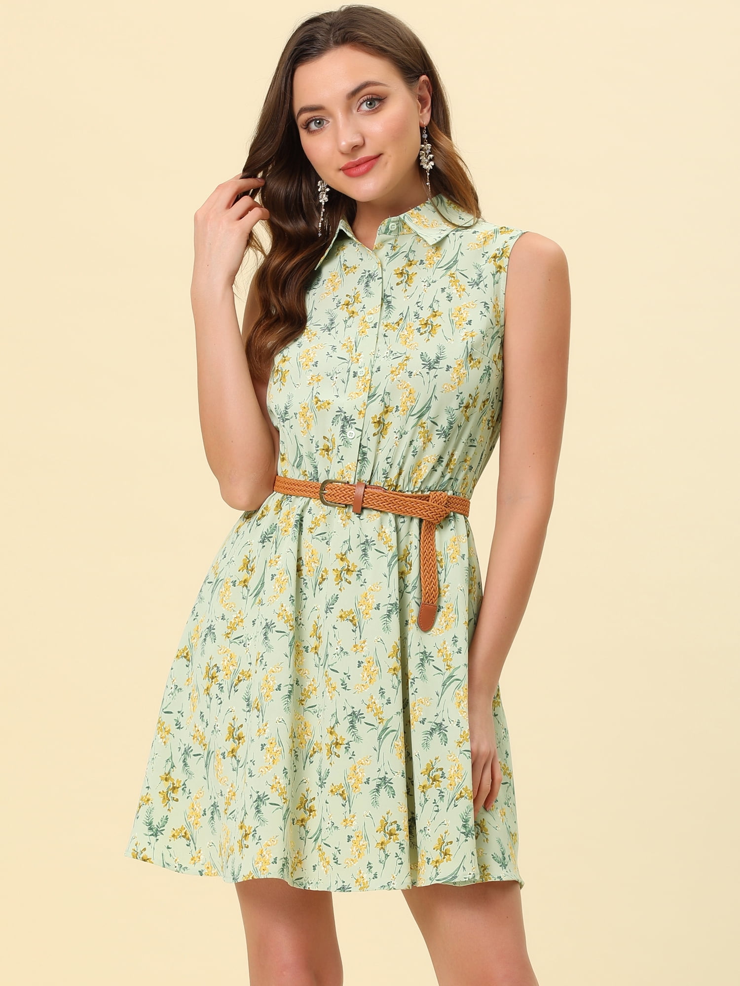 DARING DIVA Unlined Sleeveless Mini Belted Dress S Light Green-Yellow Floral