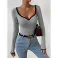 thumbnail image 2 of Women'S Sweetheart Neck Long Sleeve T Shirt Rib Knitted Contrast Binding Tee Tops Grey XL, 2 of 6