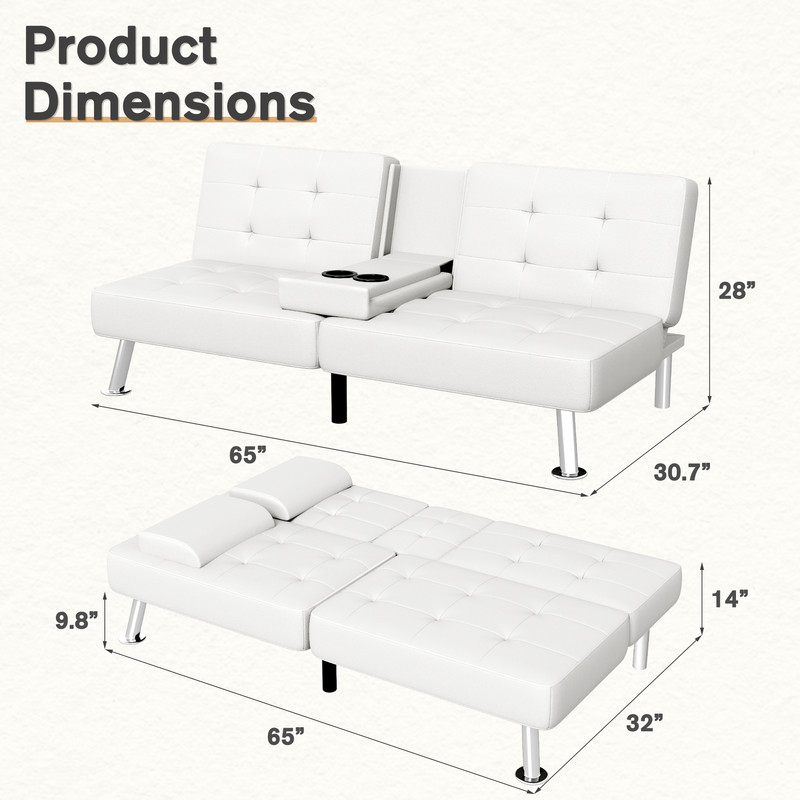 Lacoo Linen Futon Sofa Bed Modern Convertible Sleeper Couch with Removable Armrests & Cup Holders for Living Room,Small Spaces,PU Leather White