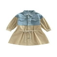 thumbnail image 1 of Robe Fille Manches Longues Col à Revers Patchwork en Denim Kaki, 1 of 8