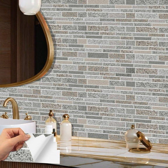 12Pcs Brown Gray Marbling Tiles Stickers 9.68" x 2.36" Wall Decals Self-adhesive Waterproof Vinyl Peel and Stick Kitchen Backsplash