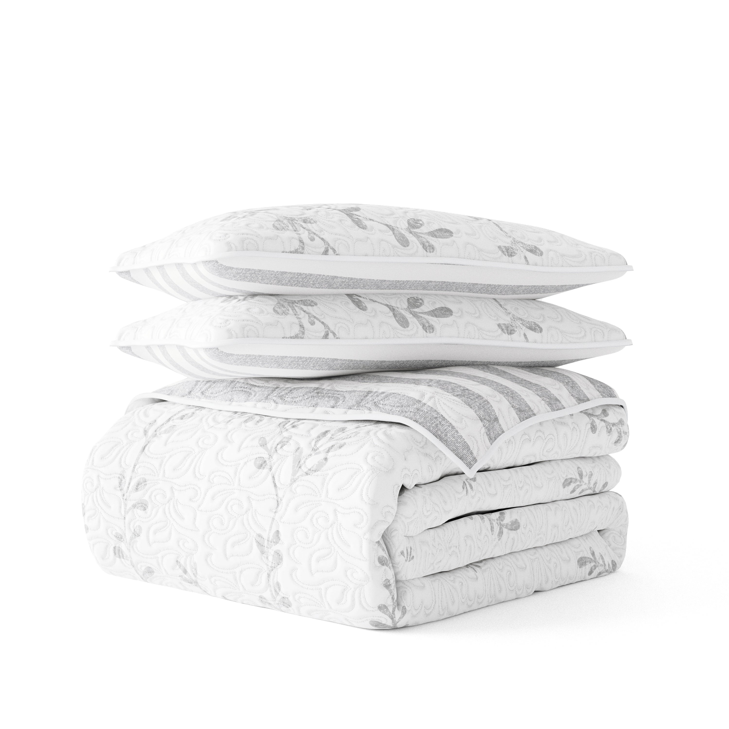 Noble Linens Light Gray 3 Piece Sprouting Vines Stripe Reversible Microfiber Quilt Set, King / CalKing