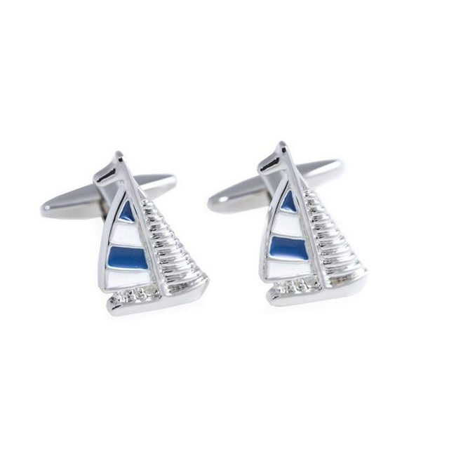 Boutons de Manchette Internationaux en Rhodium Bleu & Conception de Voilier Blanc - Argent