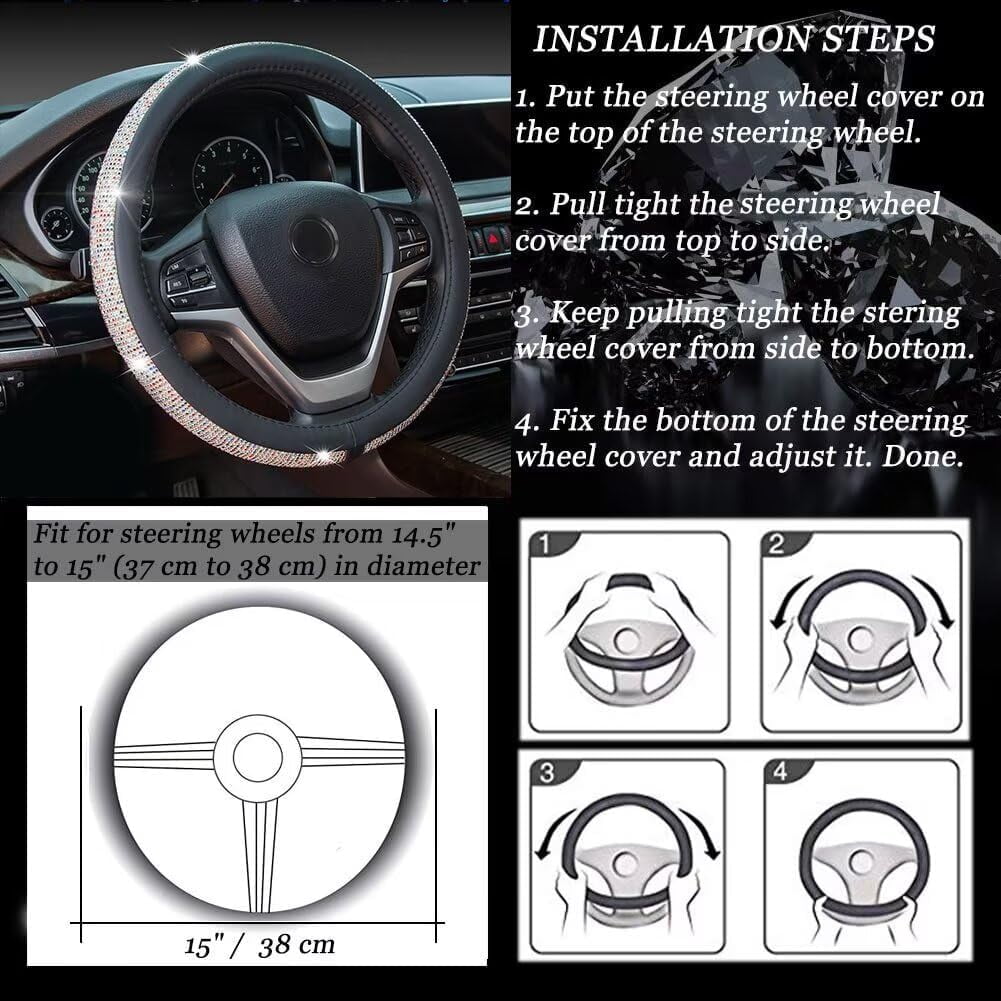 New Diamond Leather Steering Wheel Cover with Bling Bling Crystal Rhinestones, Universal Fit 15 Inch Car Wheel Protector for Women Girls Black with Colorful Diamonds