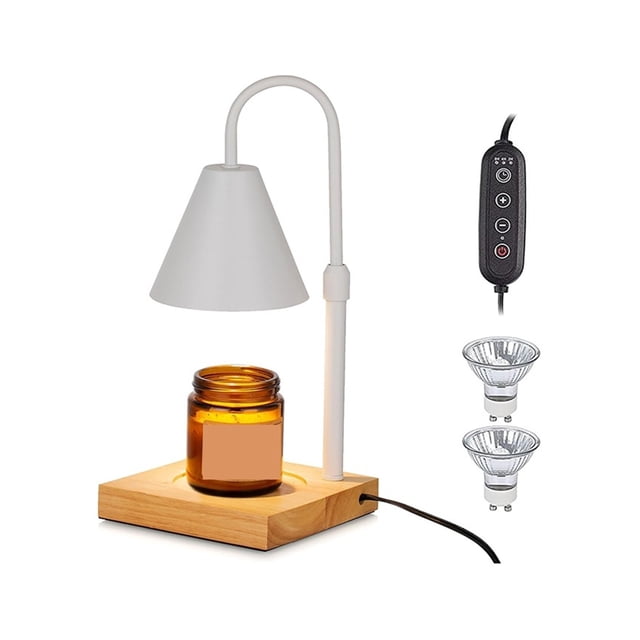 Candle Warmer Lamp with Timer for Large Scented Candle Jar, featuring an adjustable height and dimmable light for fast heating. The lamp has a modern design with a white metal shade and a wooden base, suitable for home décor. Includes a 50W GU10 halogen bulb and a remote control with timer settings. Scented candle not included.
