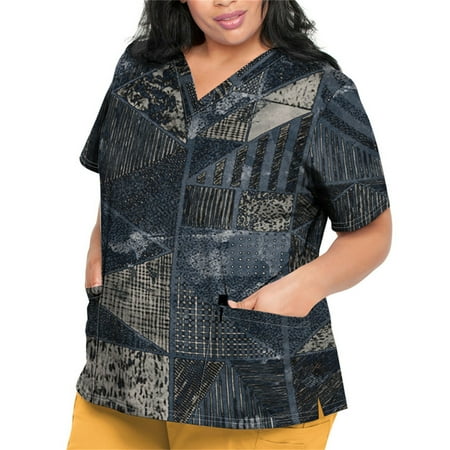 

Sksloeg Scrubs Tops for Women Plus Size Women Short Sleeve Tops Working Uniform Azik Ethnic Printed Scrub Tops with Pocket Blouse Black XXL