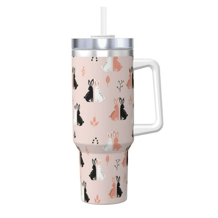 

Logiee White And Black Rabbit Print 40OZ Ice Bully Cup with Handle and Straw Double Wall Stainless Steel Tumbler Travel Coffee Cup with Lid Summer Insulation and Cooling Cup